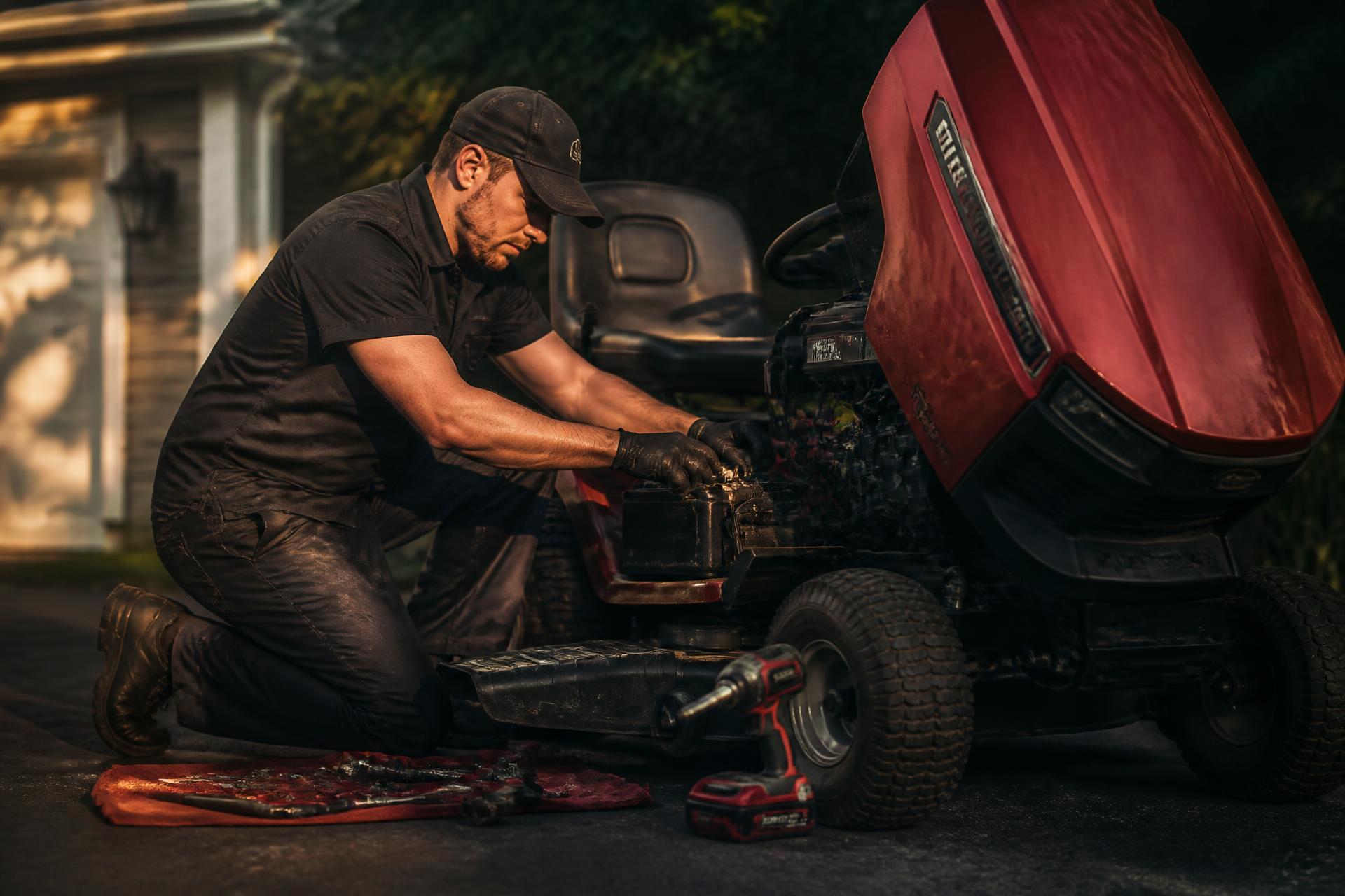 Technician performing a mobile lawn mower tune-up